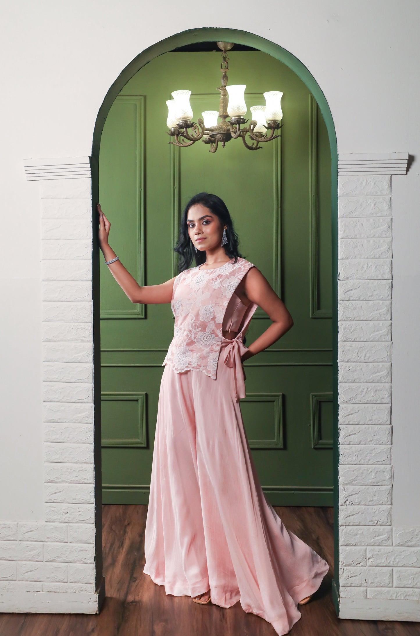 Gulaab Embroidered Organza Top with Flared Palazzo & Bustier Set