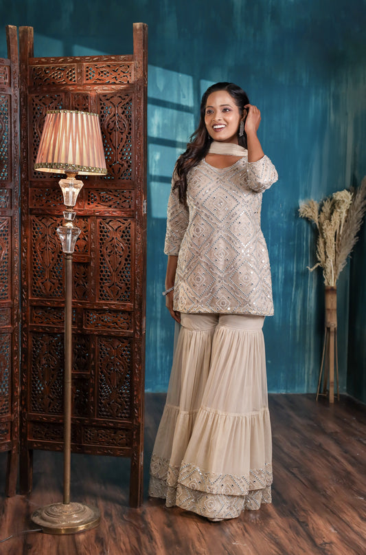 AD-4Mirror & Zari Peplum Kurta with Double-Layered Garara Set