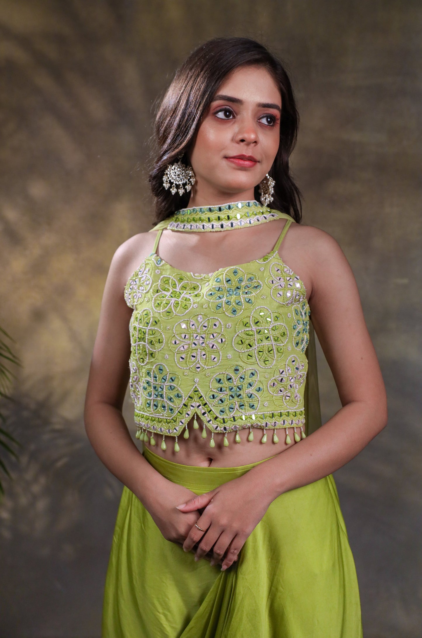 Panna Mirror Embroidered Crop Top with Pull-Up Skirt Set