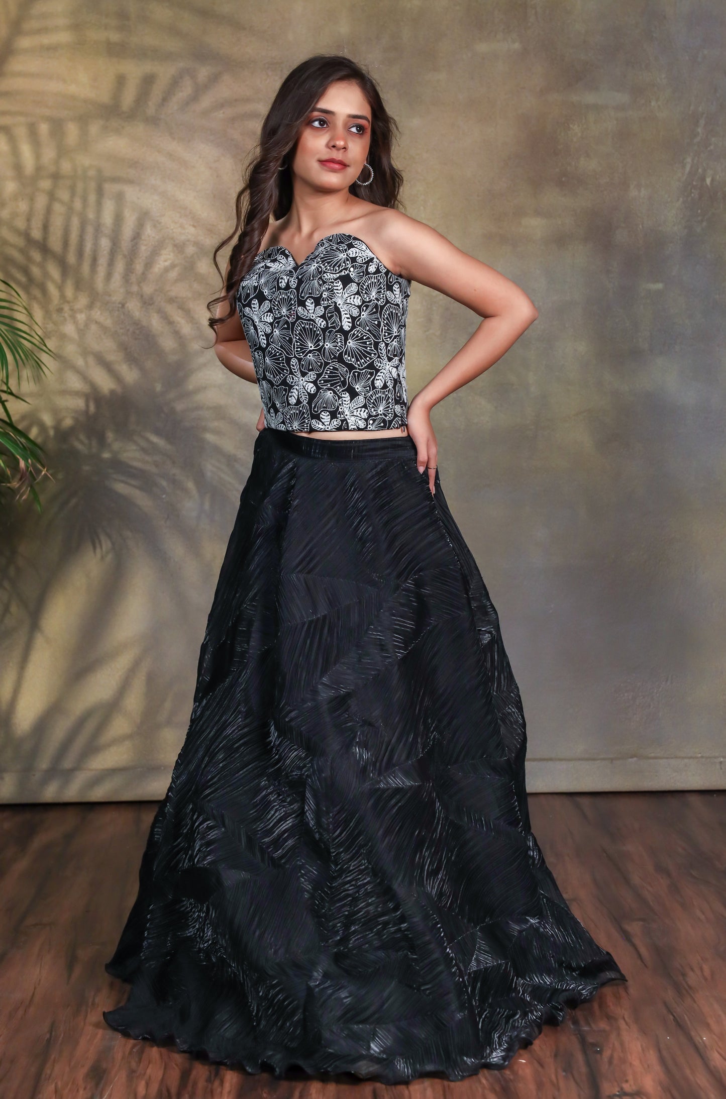 Zoya Thread Embroidered Corset Top with Self-Crush Skirt Set