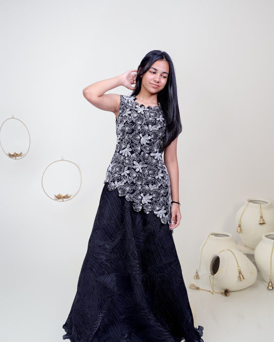 Black Crushed Elegance Skirt Set