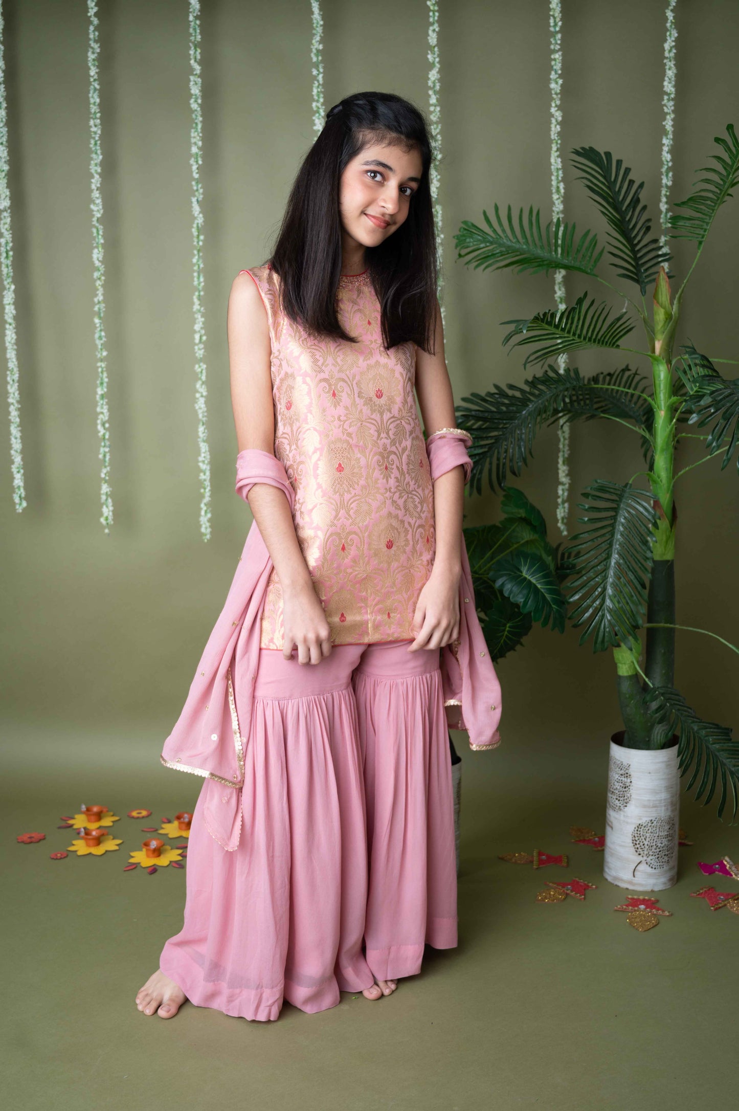 Pink Brocade Embroidered Kurta with Garara Set