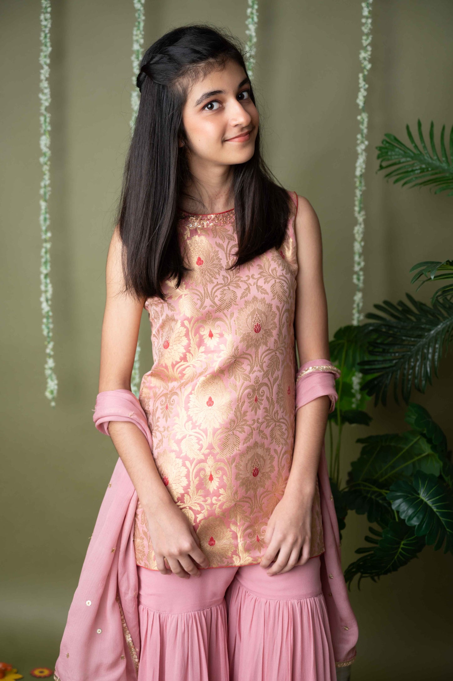 Pink Brocade Embroidered Kurta with Garara Set