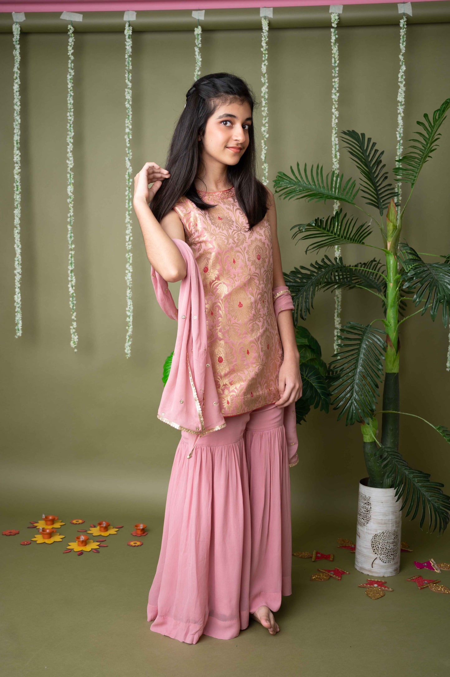Pink Brocade Embroidered Kurta with Garara Set
