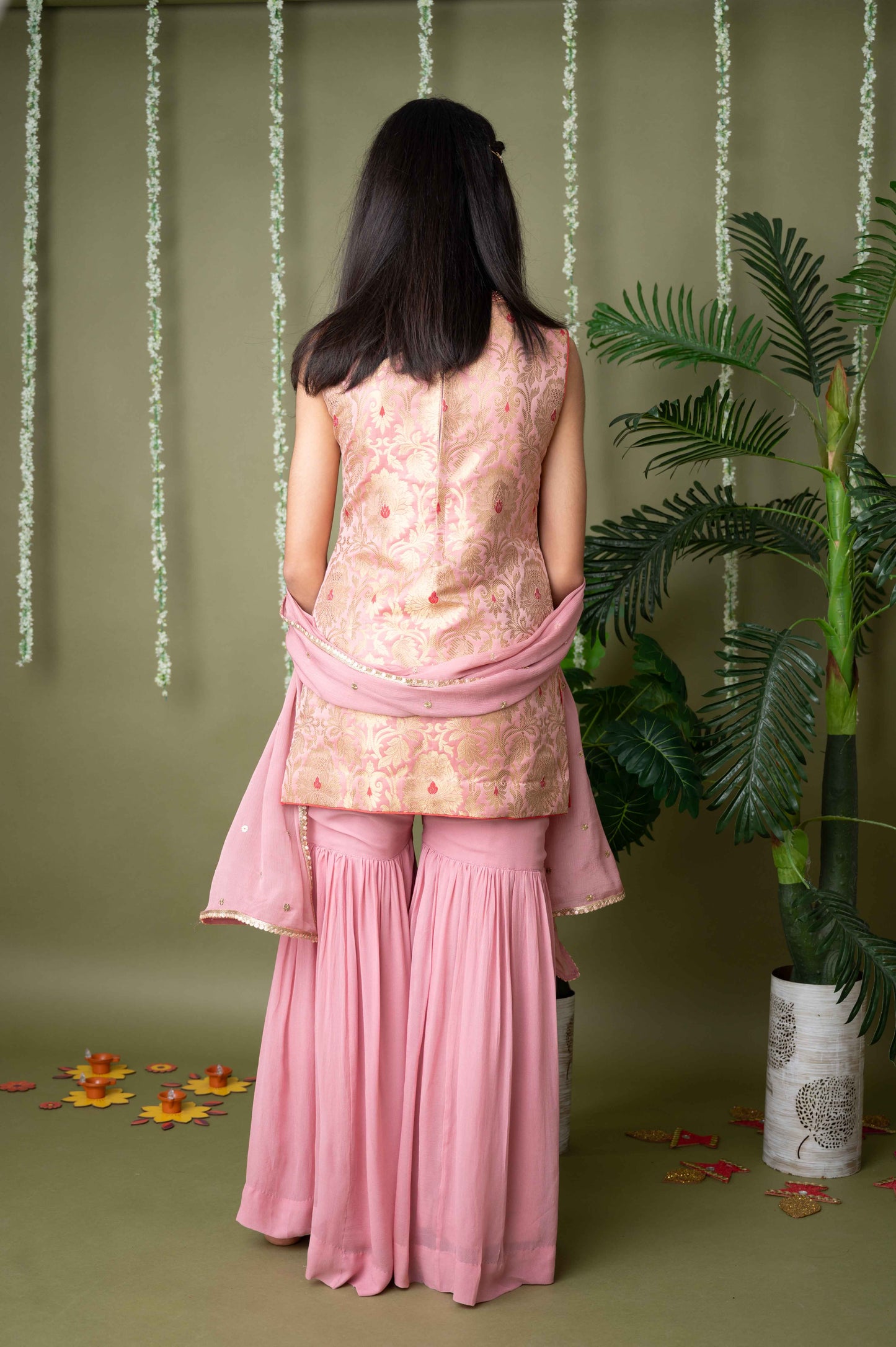 Pink Brocade Embroidered Kurta with Garara Set