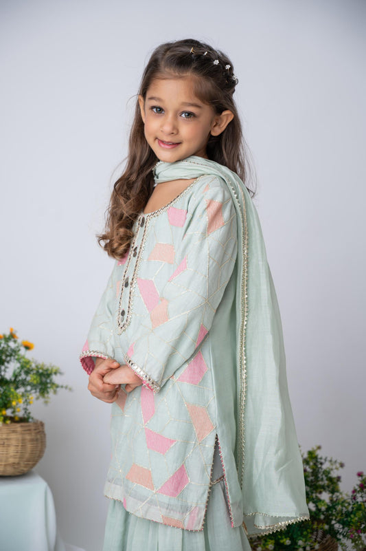 Mint Green Mul Chanderi Mirror Lace Kurti Set