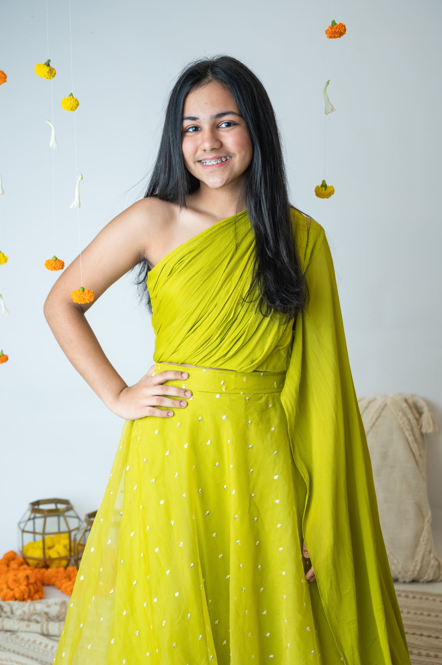 Green One-Shoulder Chinon Chiffon & Organza Skirt Set