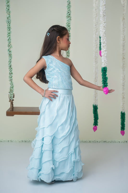 Ice Blue One-Shoulder Ghagra