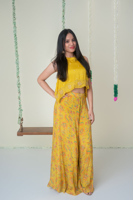 Yellow Asymmetric Halter Palazzo Set