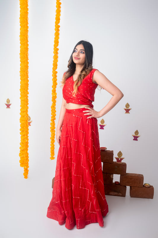 Crimson Radiance – Mulchanderi Mirror Work Skirt Set