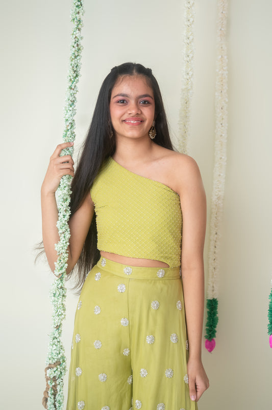 Lime Glow – One Shoulder Palazzo Set