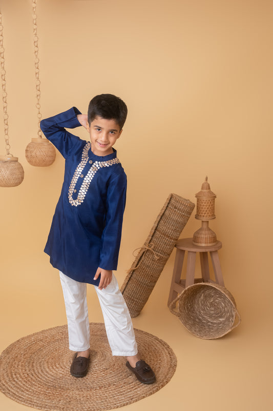 Dark Blue Silk Gota Kurta Set