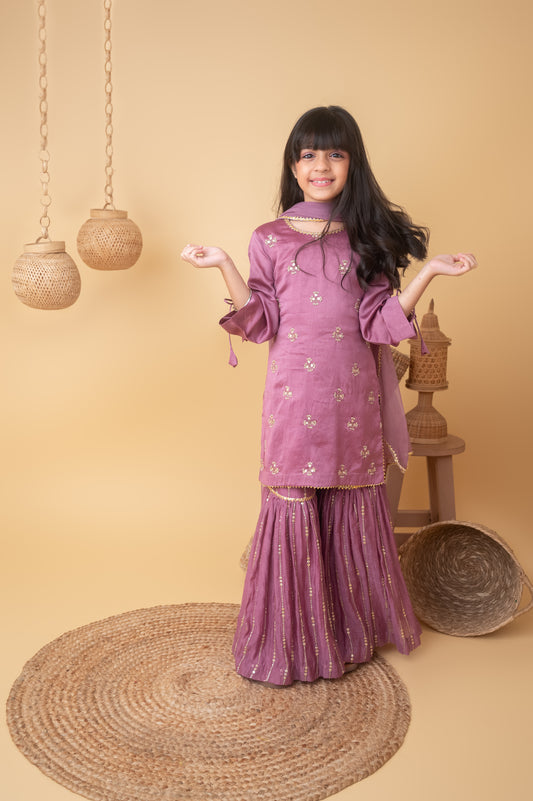 Purple Hand Embroidered Kurti Garara Set