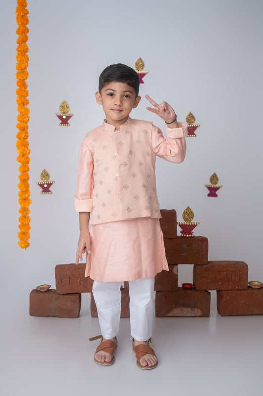 Peach Silk Kurta with Mul Chanderi Bundi Set