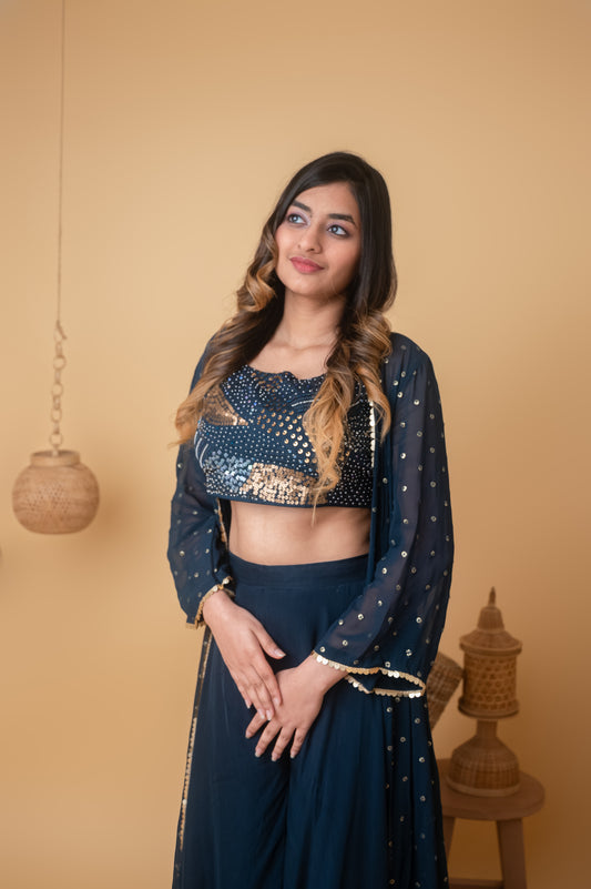 Blue Royale Embroidered Top with Booti Jacket