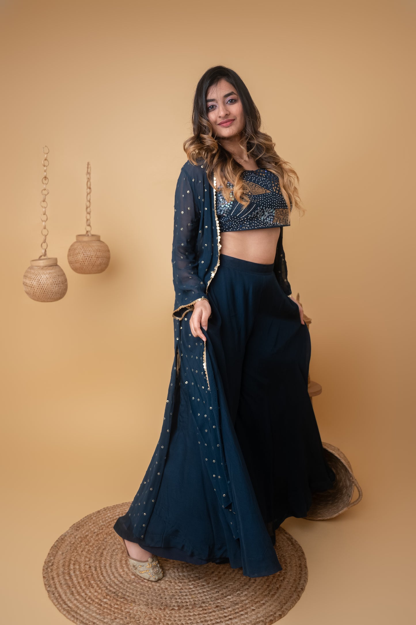Blue Royale Embroidered Top with Booti Jacket