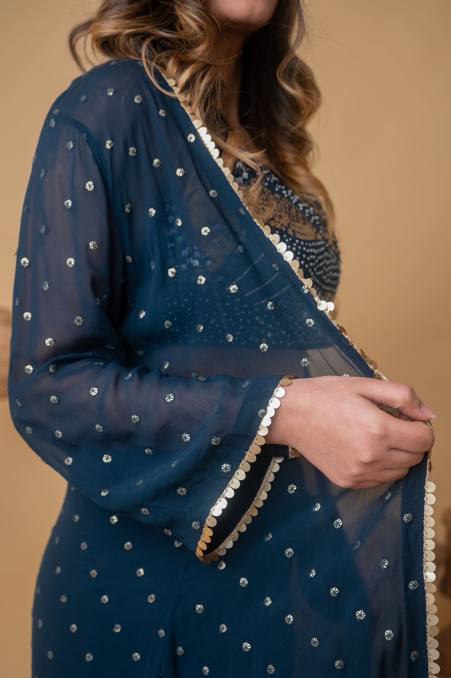 Blue Royale Embroidered Top with Booti Jacket