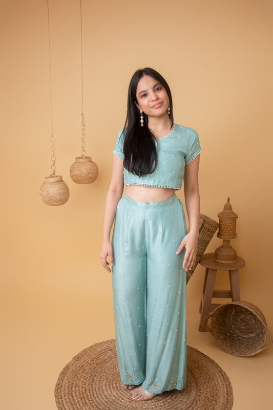 Aqua Elegance Pearl Booti V-Neck Set