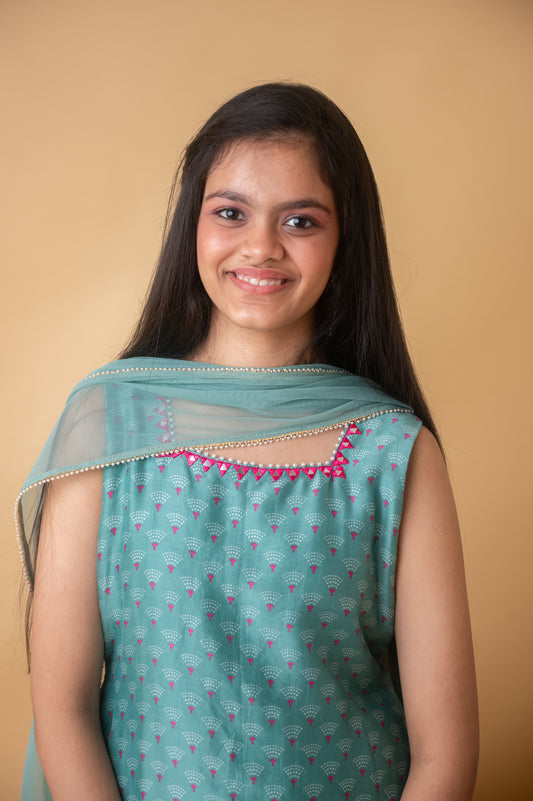 Green Mirror Charm Kurti & Dhoti Set