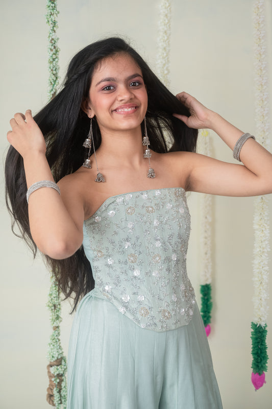 Mint Blue Shimmer Corset Palazzo Set