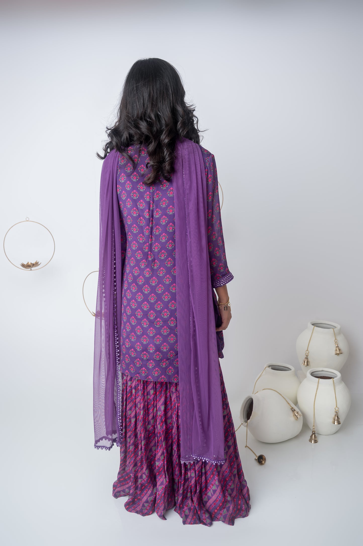 Purple Printed Muslin Kurta with Garara and Tassel Details