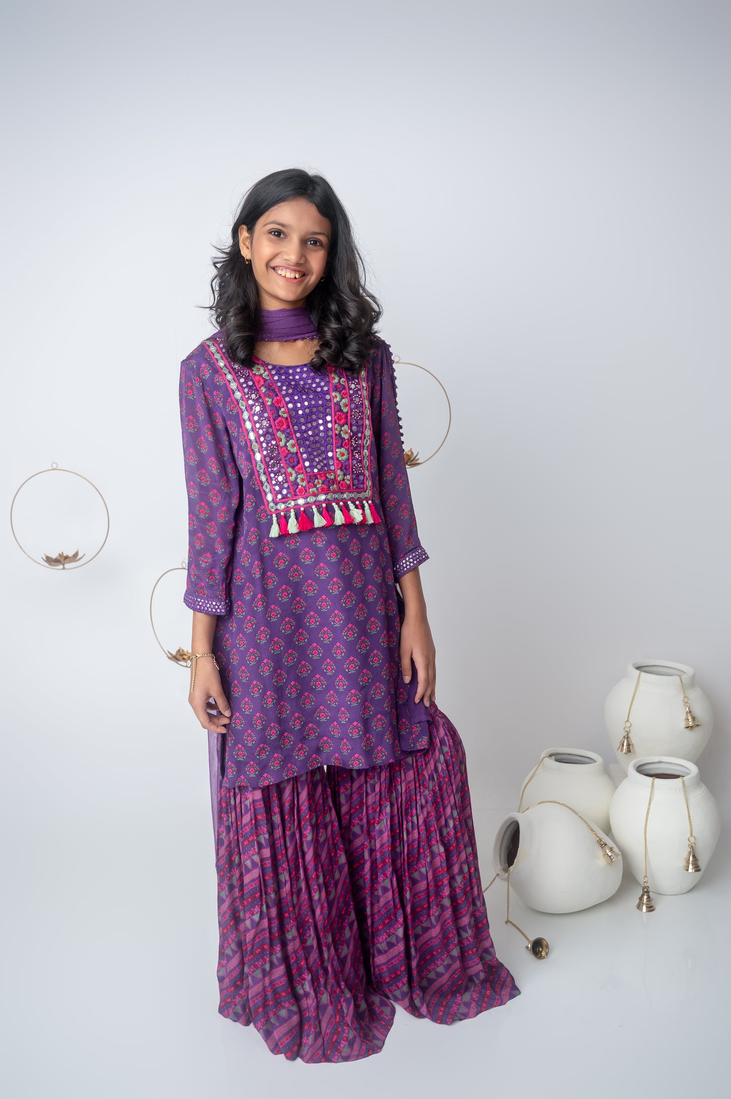 Purple Printed Muslin Kurta with Garara and Tassel Details