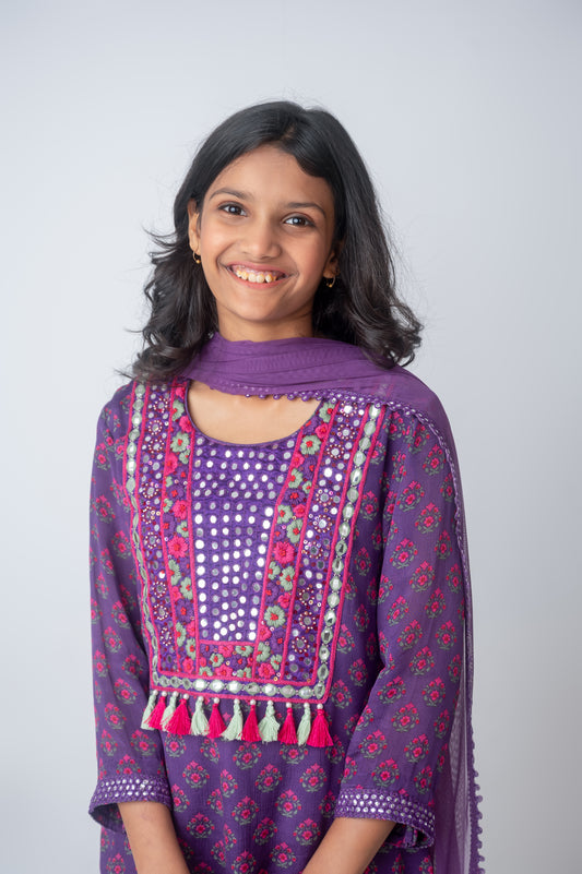 Purple Printed Muslin Kurta with Garara and Tassel Details