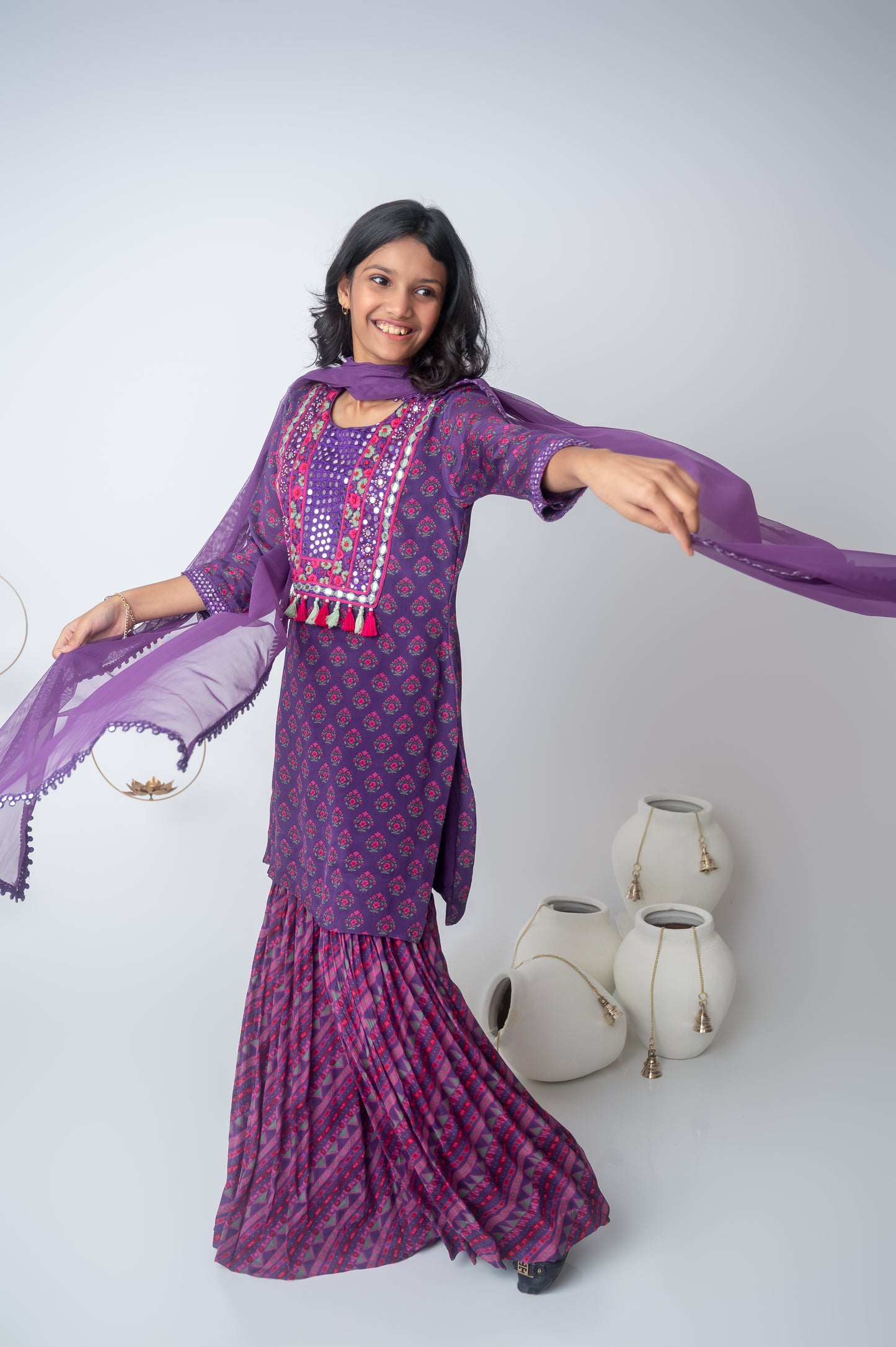 Purple Printed Muslin Kurta with Garara and Tassel Details