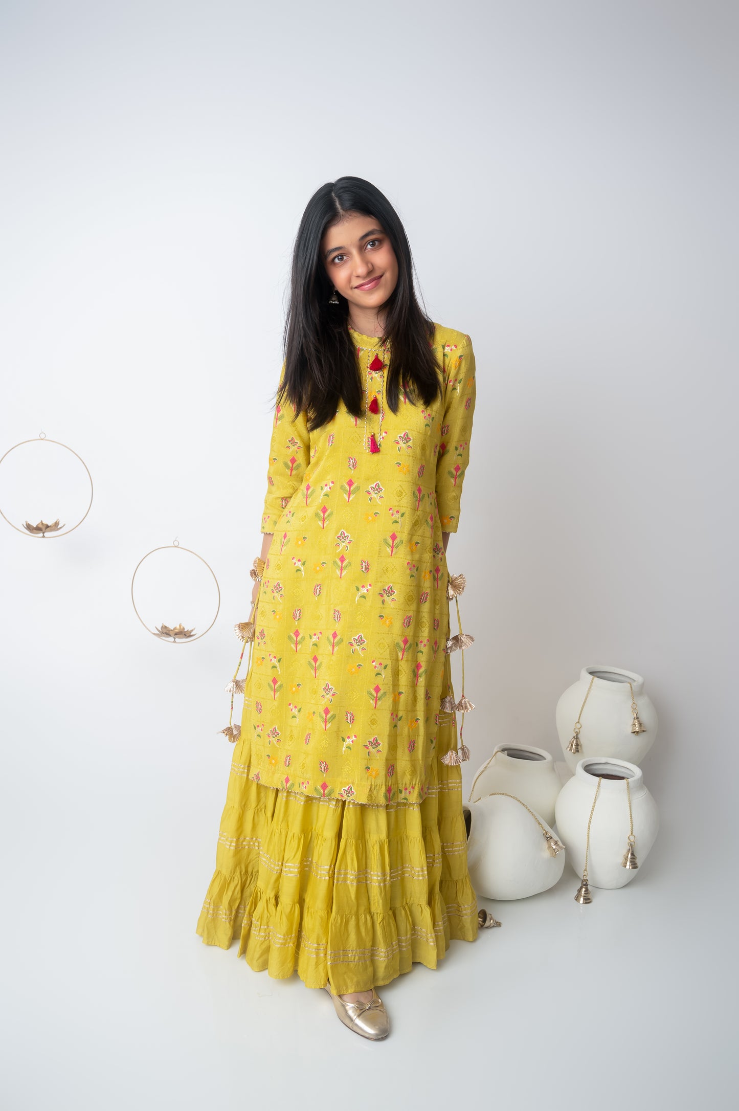 Yellow Silk & Muslin Kurti with Attached Flared Skirt