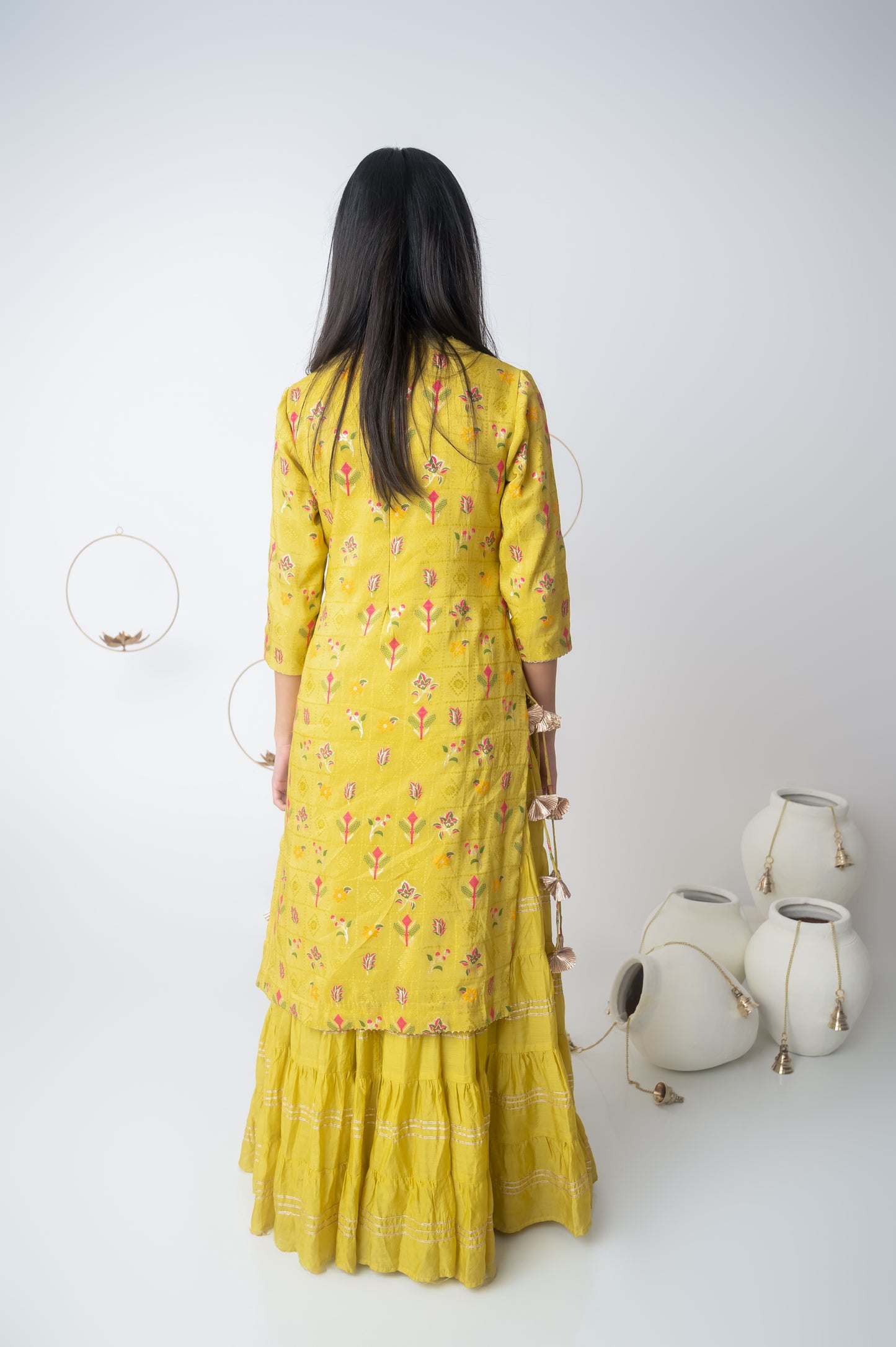 Yellow Silk & Muslin Kurti with Attached Flared Skirt