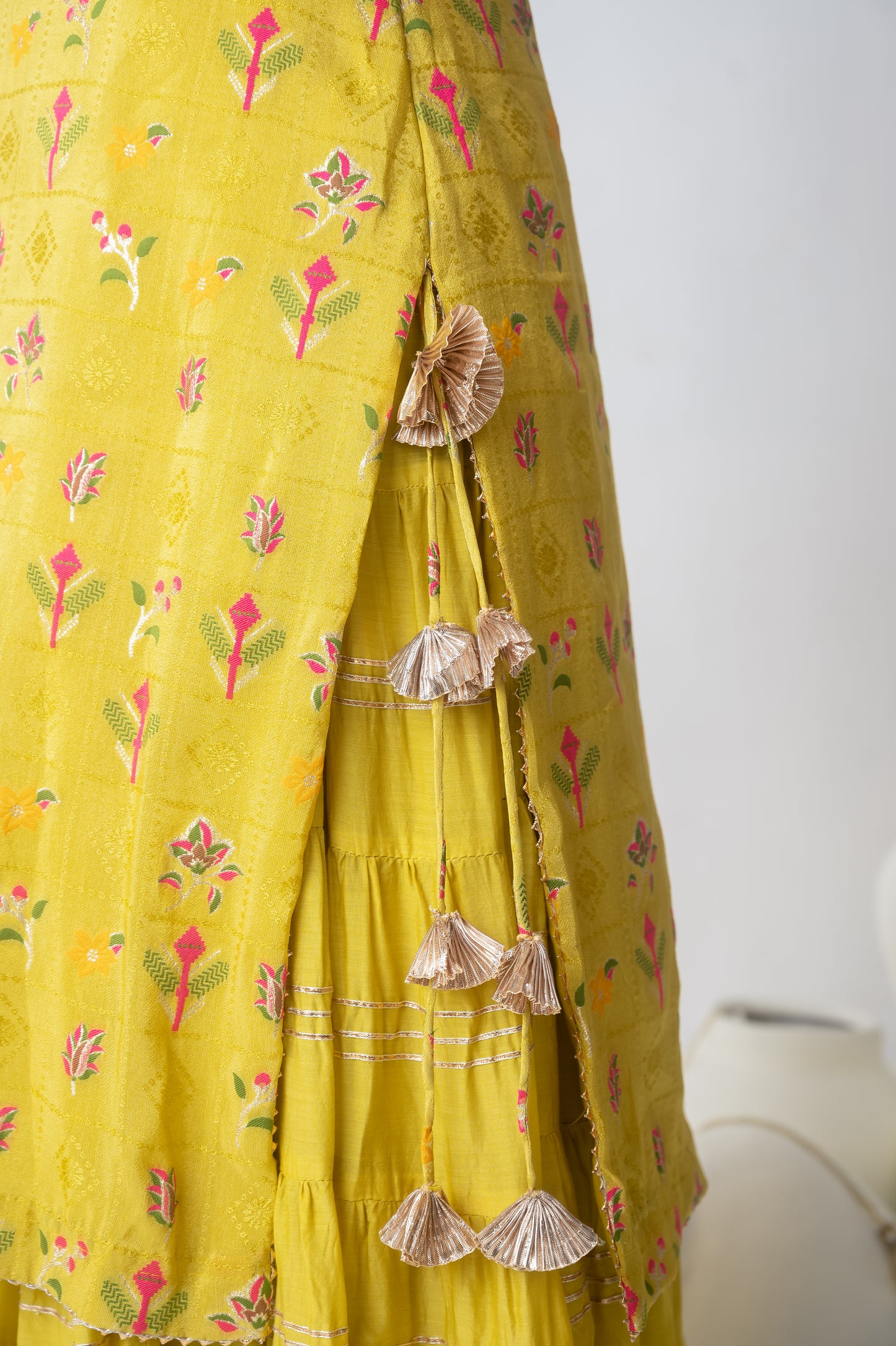 Yellow Silk & Muslin Kurti with Attached Flared Skirt