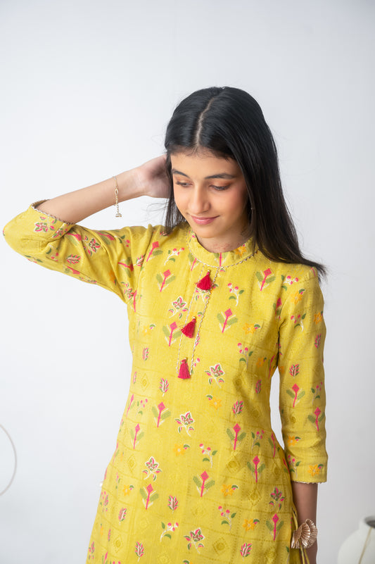 Yellow Silk & Muslin Kurti with Attached Flared Skirt