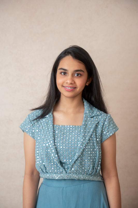 Blue Mirror Collar Top with Palazzo in Georgette and Organza