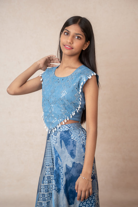 Blue Denim Yolk Top & Flared Palazzo Set