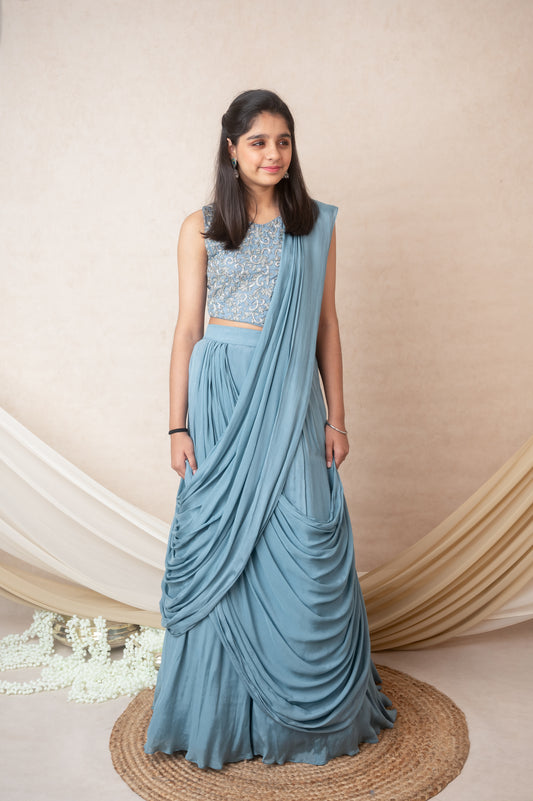 Blue Chinon Chiffon Skirt Set with Hand Embroidered Top and Drape Dupatta