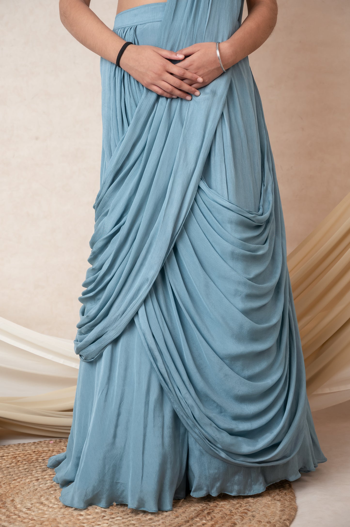 Blue Chinon Chiffon Skirt Set with Hand Embroidered Top and Drape Dupatta