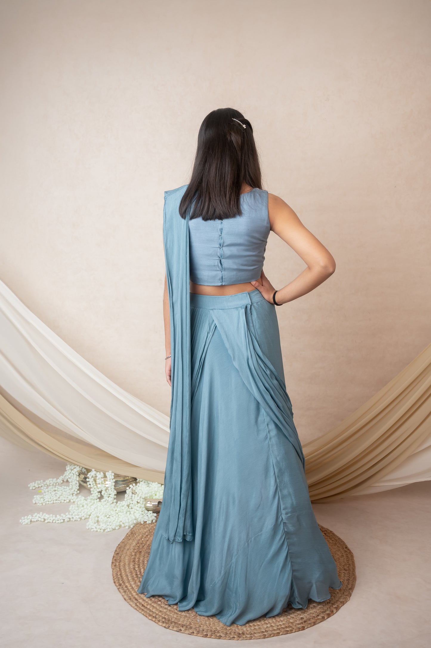 Blue Chinon Chiffon Skirt Set with Hand Embroidered Top and Drape Dupatta