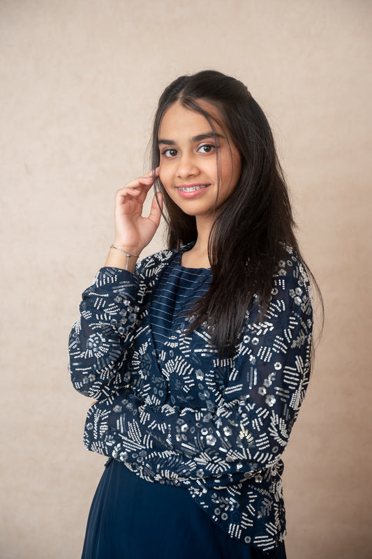 Blue Pintuck Top & Embroidered Jacket Set