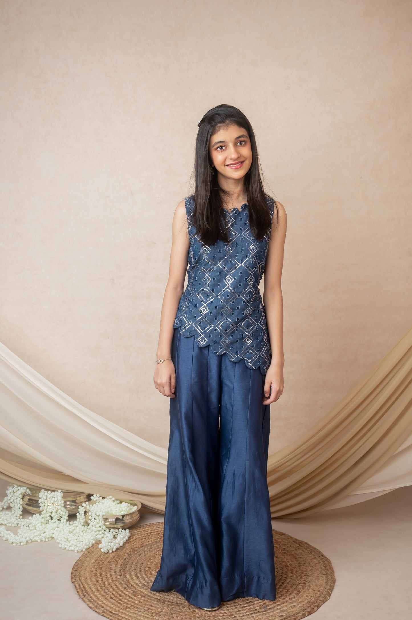 Asymmetric Denim & Chanderi Set in Blue