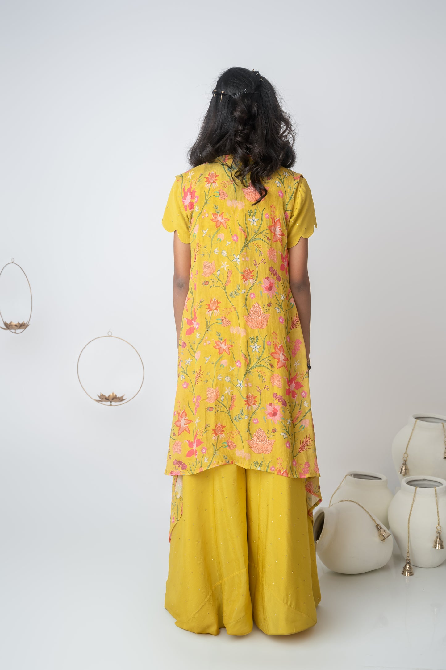 Yellow Chinon Chiffon Scallop Neck Top with Asymmetric Jacket and Palazzo
