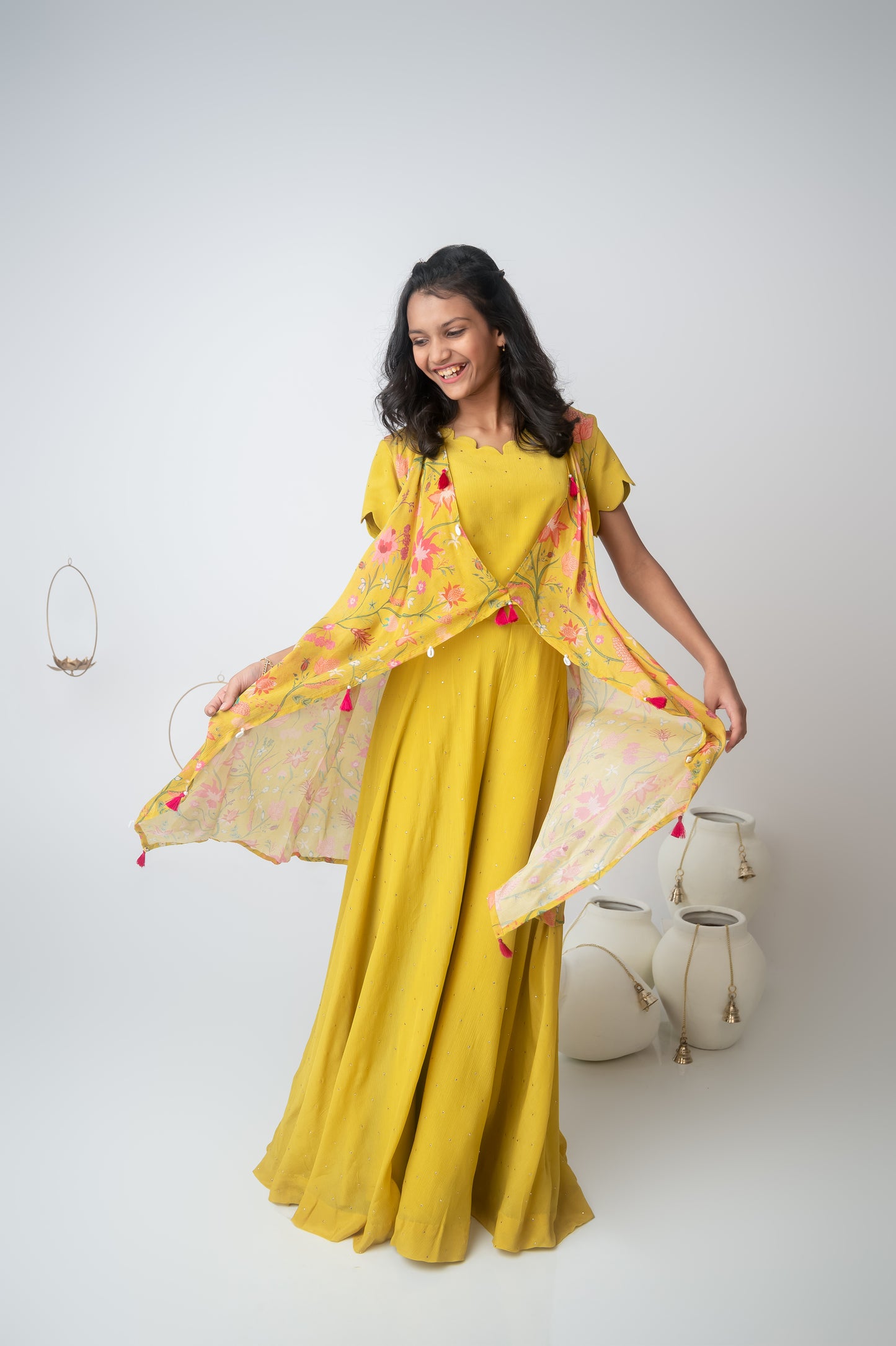 Yellow Chinon Chiffon Scallop Neck Top with Asymmetric Jacket and Palazzo