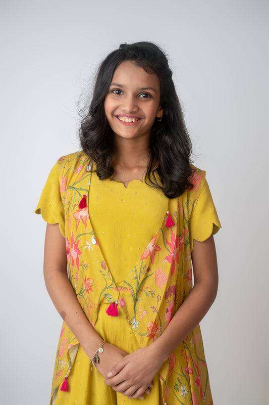 Yellow Chinon Chiffon Scallop Neck Top with Asymmetric Jacket and Palazzo