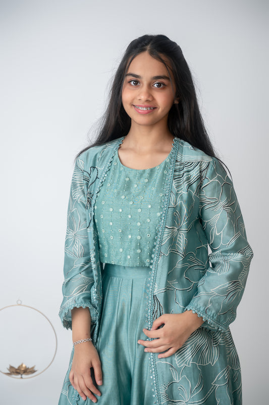 Blue Mirror-Neck Set with Printed Jacket