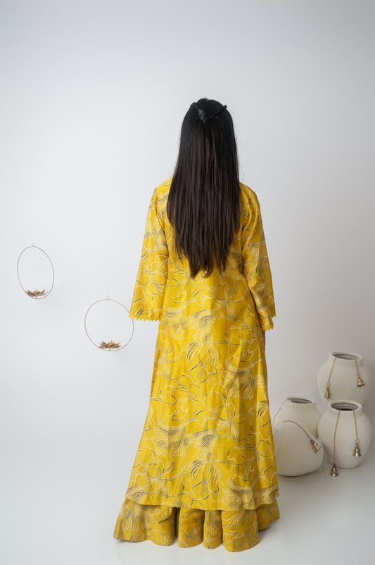 Yellow Mirror Work Top with Printed Jacket & Skirt Set