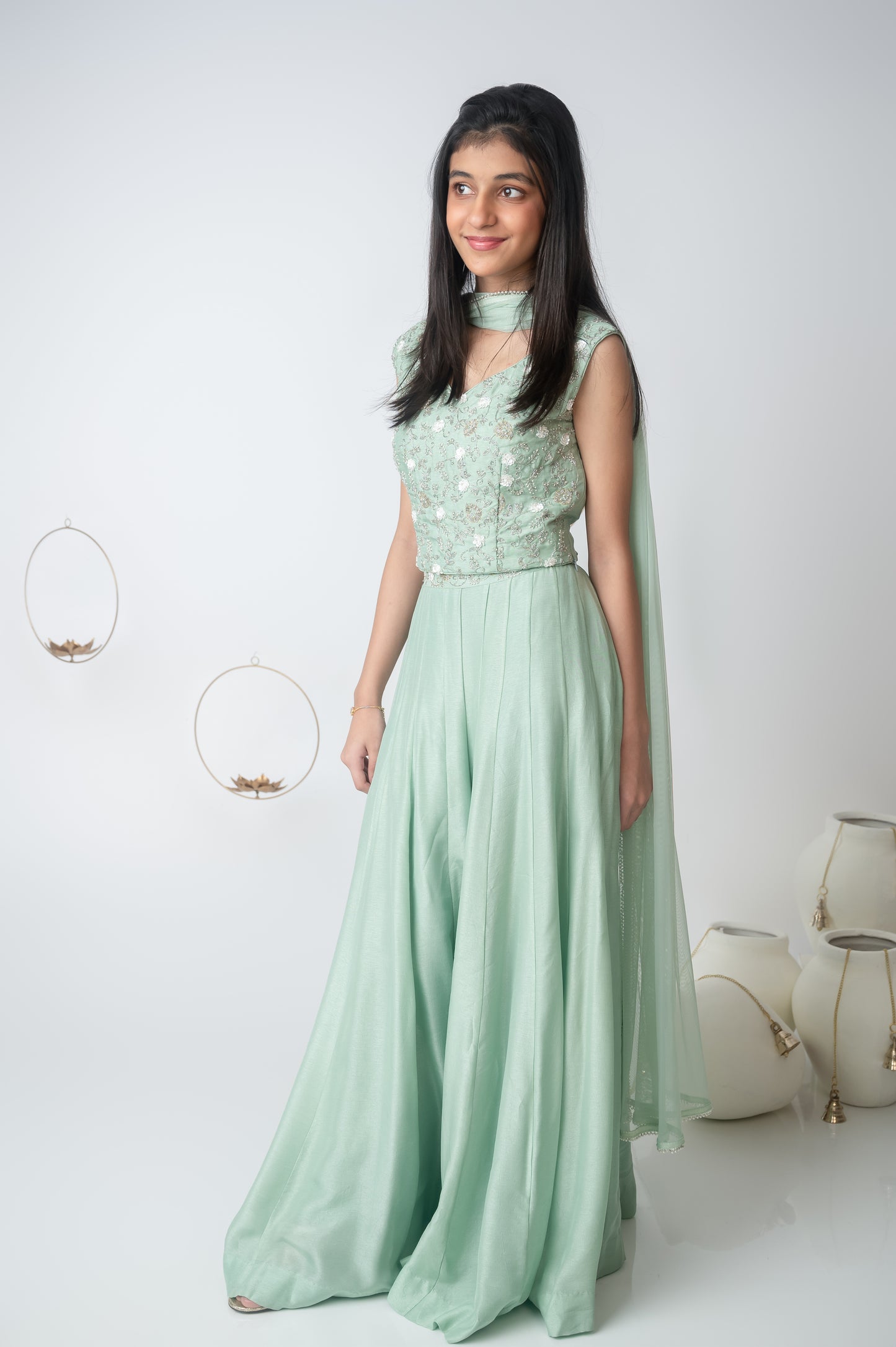 Green Silk V-Neck Hand Embroidered Top with Kali Palazzo