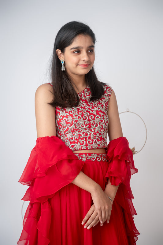 Red One-Shoulder Embroidered Set with Layered Skirt