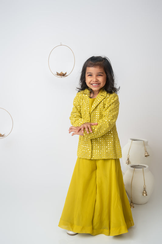 Yellow-Green Organza & Georgette Jacket Set with Palazzo