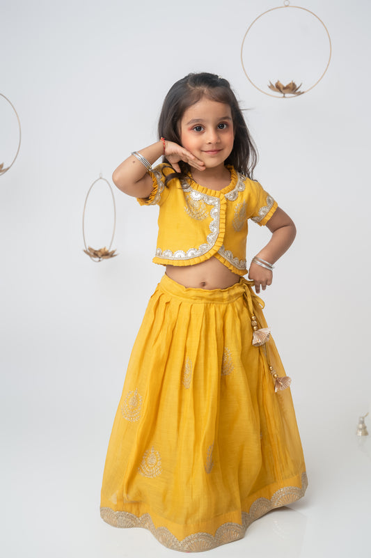 Yellow Pleated Lehenga Set with Gota Lace