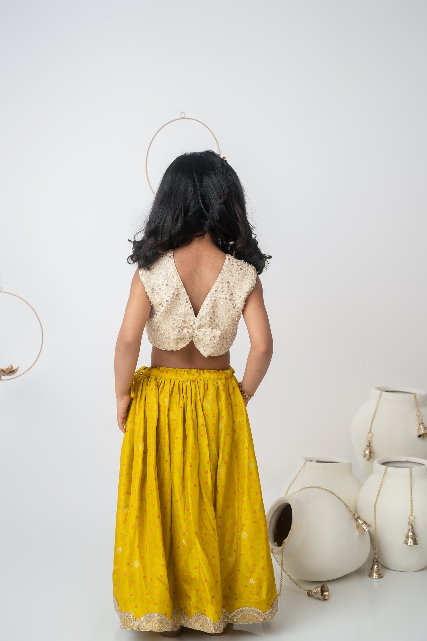 Beige & Green Silk Ghaghara Set with Bow