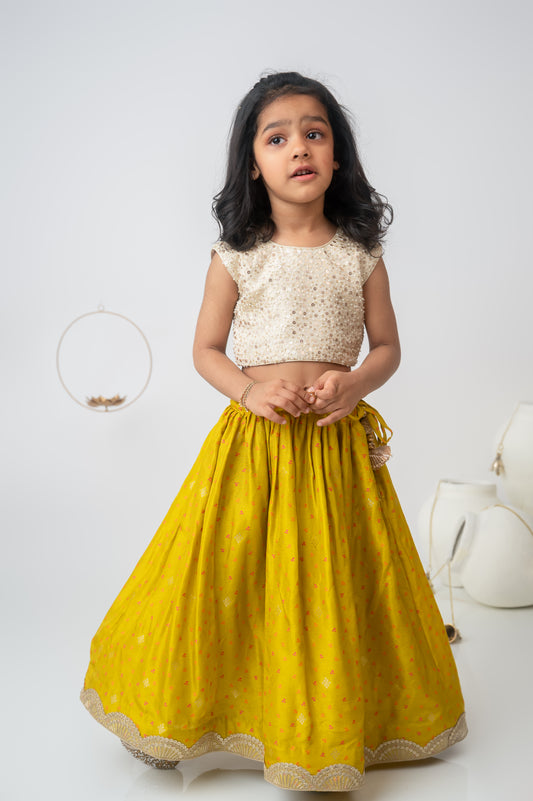 Beige & Green Silk Ghaghara Set with Bow